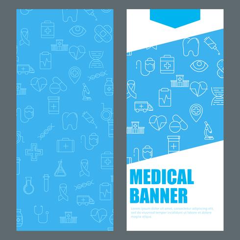 Banner vertical azul con iconos médicos y lugar para texto vector