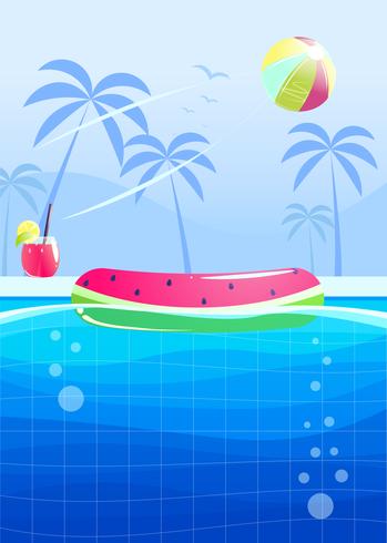 Hola diseño de banner fiesta de verano. Piscina en el parque acuático. Ilustración vectorial de dibujos animados vector