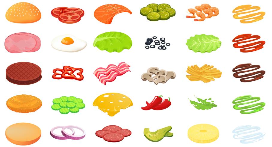 Ingredients burger designer. Constructor of food and meat and vegetables and cheese and fish vector