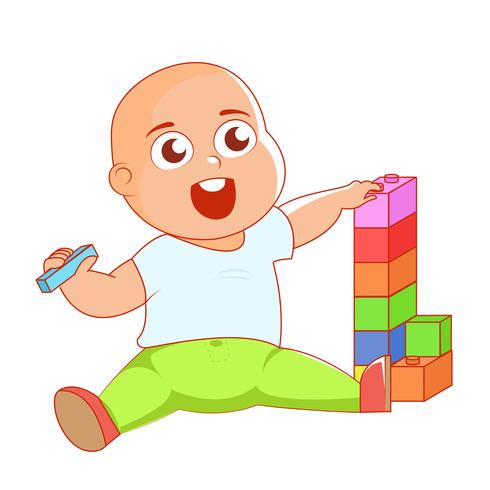 A child with toys rattles in a lullaby. Vector Flat Illustration
