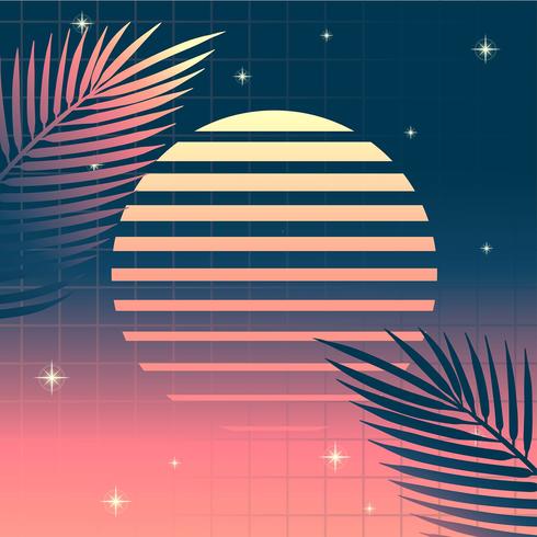 Fondo retro Vaporwave hojas tropicales sol vector