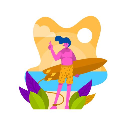 Flat Boy Holding Surfboard Enjoy Summer Vector Illustration