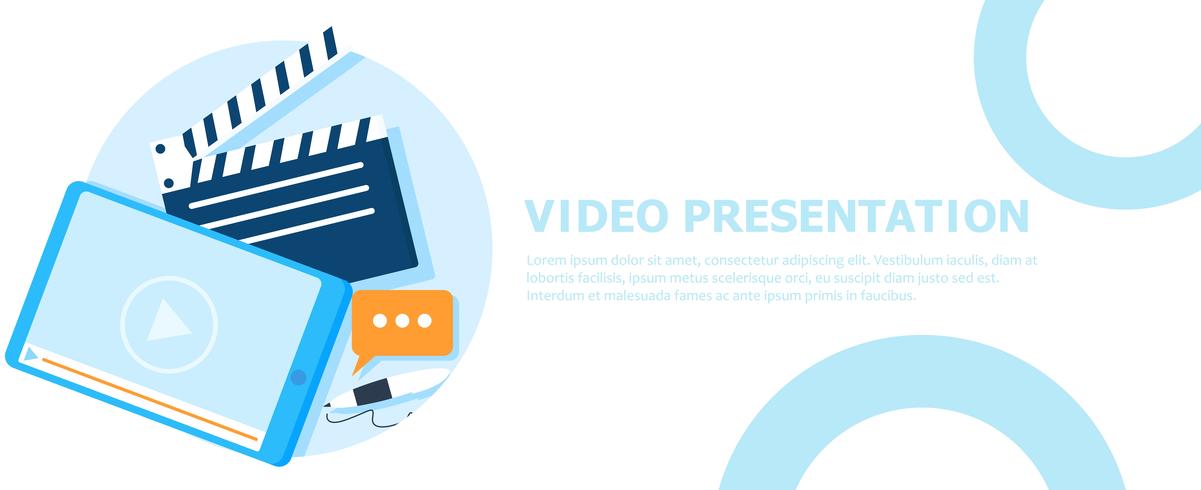 Video presentation banner. Tablet with a video and a pen and a movie clapper. Vector flat illustration