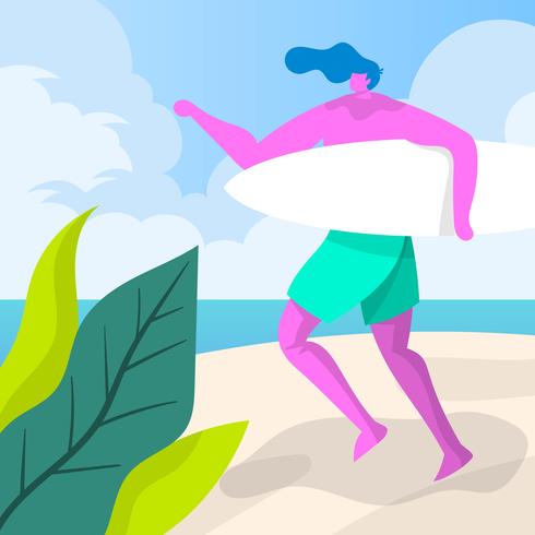 Flat Man Ready to Surfing Enjoying Surfing Vector Illustration