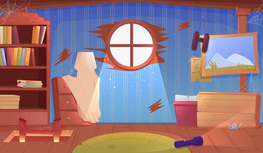 The interior of the attic. An old forgotten room with boxes on the roof. Lamp and pictures and stairs to the top. Vector cartoon illustration