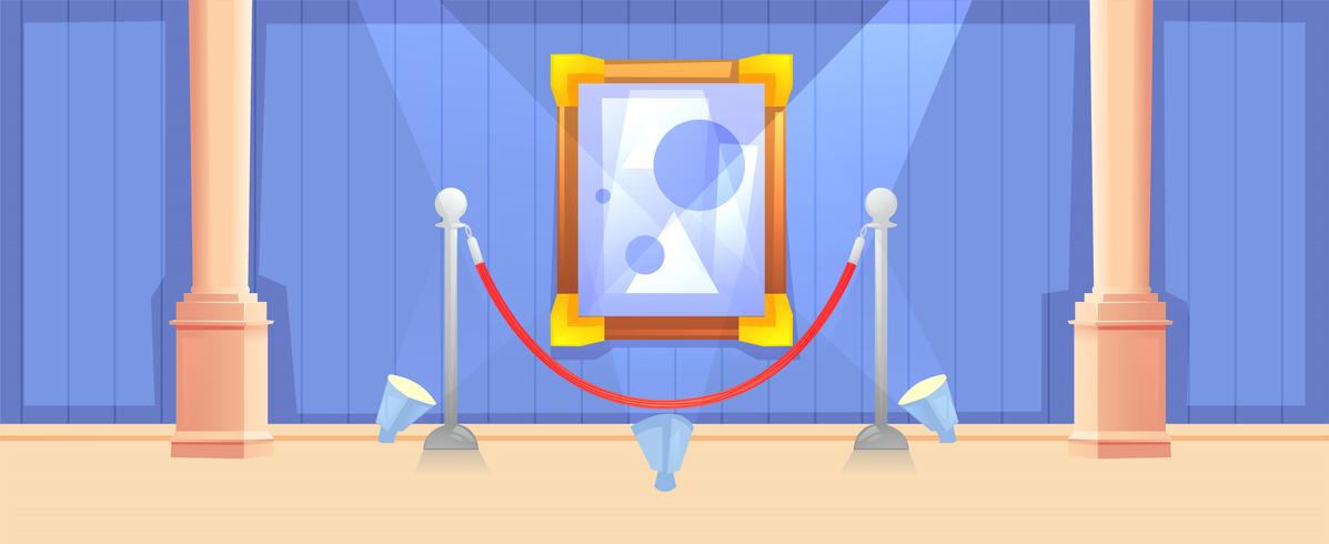 Picture in frame in gallery horizontal banner . Modern interior museum design. Painting art concept. Vector cartoon illustration