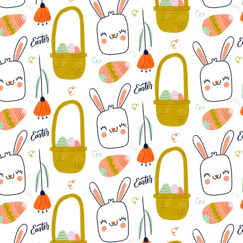 Lindo patrón de Pascua con Bunny sonriendo, flores y huevos vector