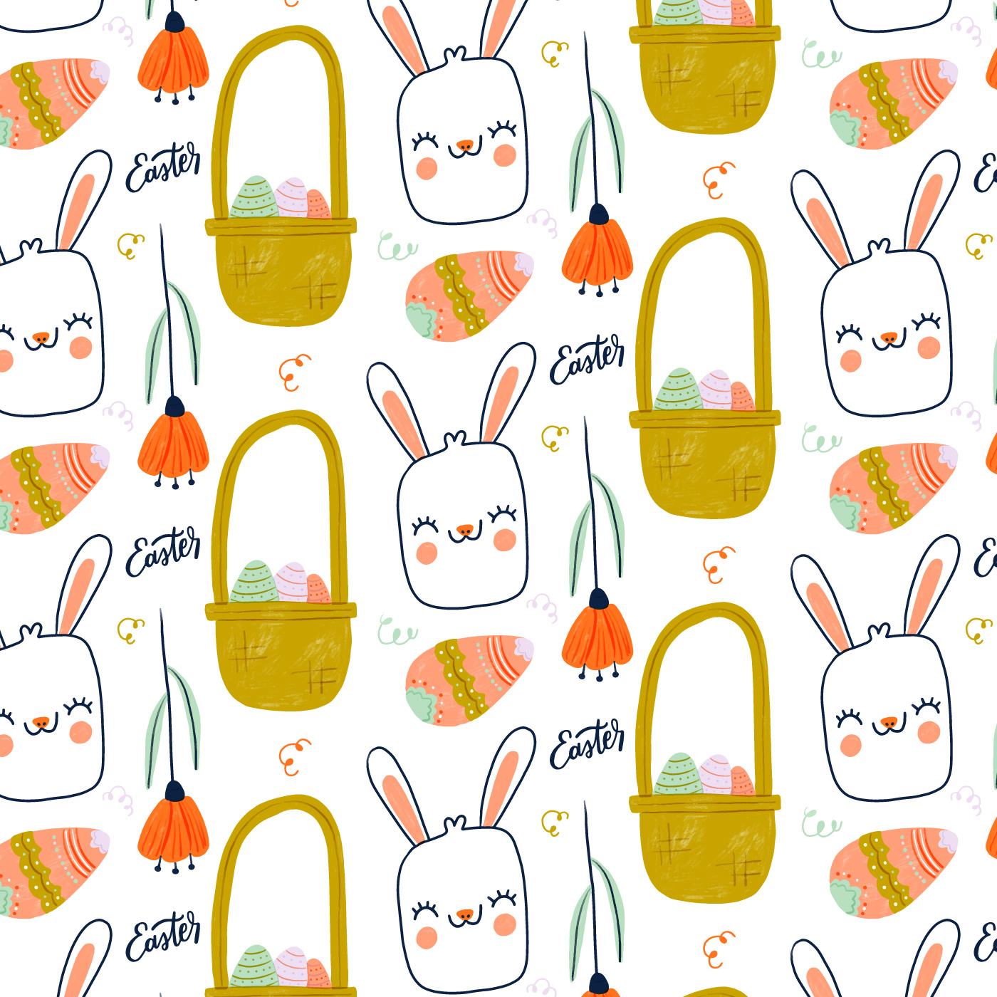 Cute Easter Pattern With Bunny Smiling, Flower And Eggs 365266 Vector
