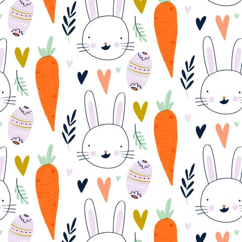 Easter Pattern With Heart, Bunny, Carrot, Leaves And Decorative Egg vector