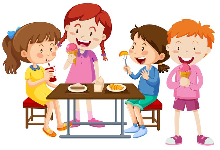 Conjunto de niños comiendo juntos vector