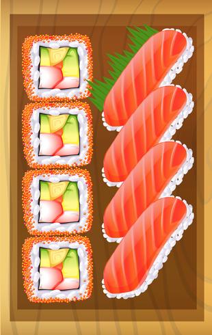 A topview of the different variants of sushi at the table vector