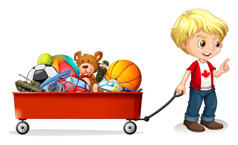 Boy pulling cart full of toys vector