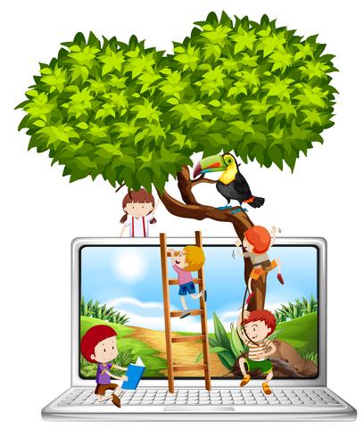 Niños trepando arboles en pantalla de computadora vector