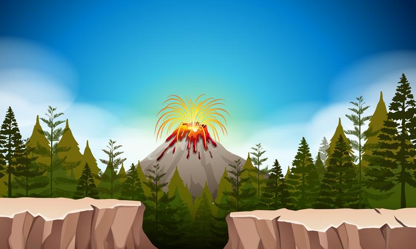 Escena de la naturaleza con erupción volcánica. vector