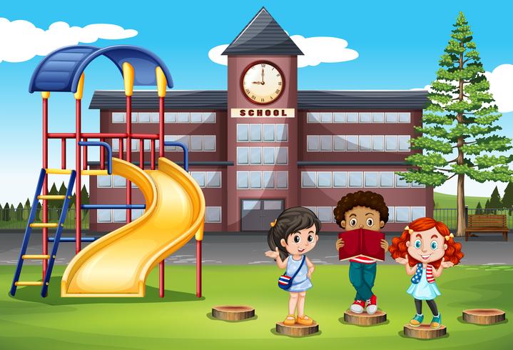 Children standing in front of school vector