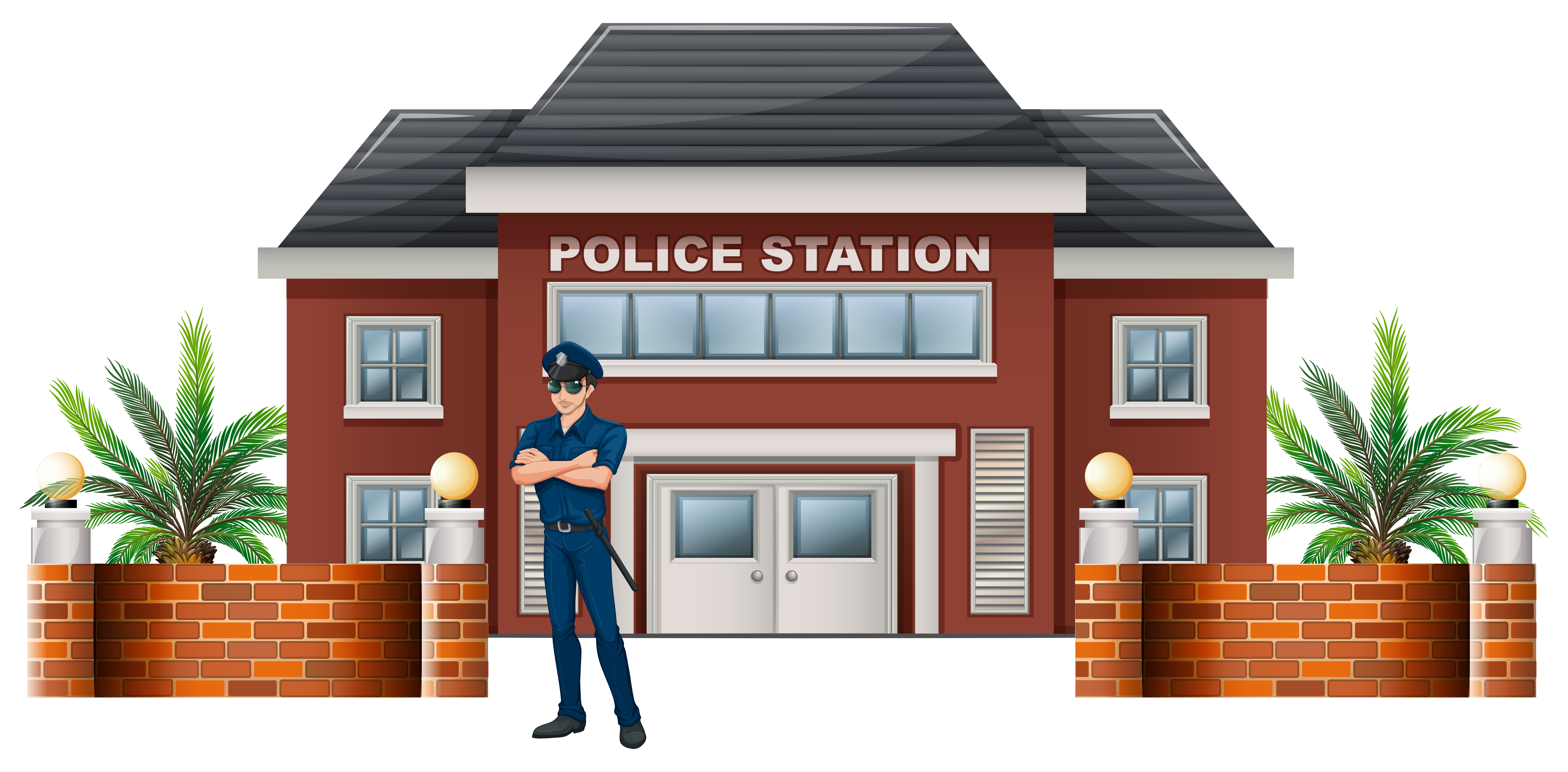 A policeman standing in front of the police station 365458 Vector Art