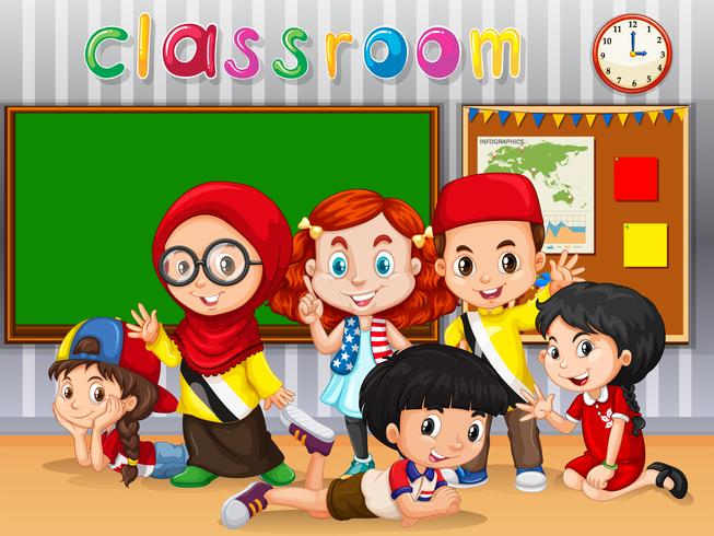 Many kids learning in classroom vector