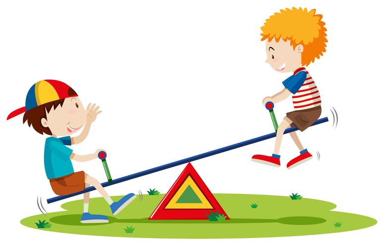 Two boys playing seesaw in the park vector