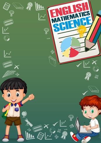 Boys and school objects on border vector