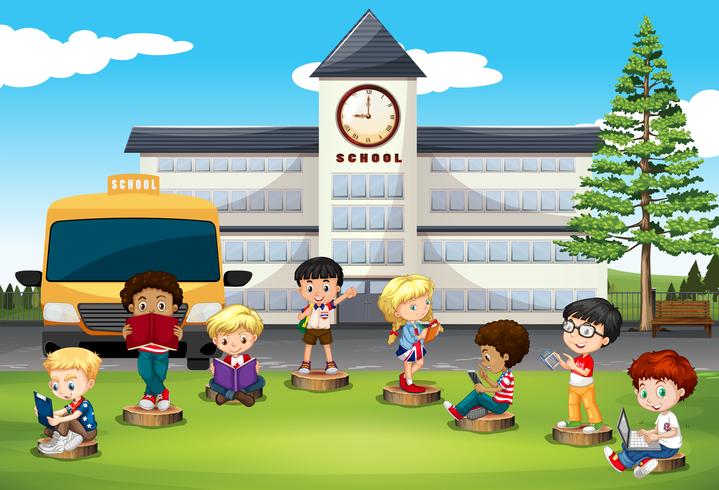 Children standing in front of school vector