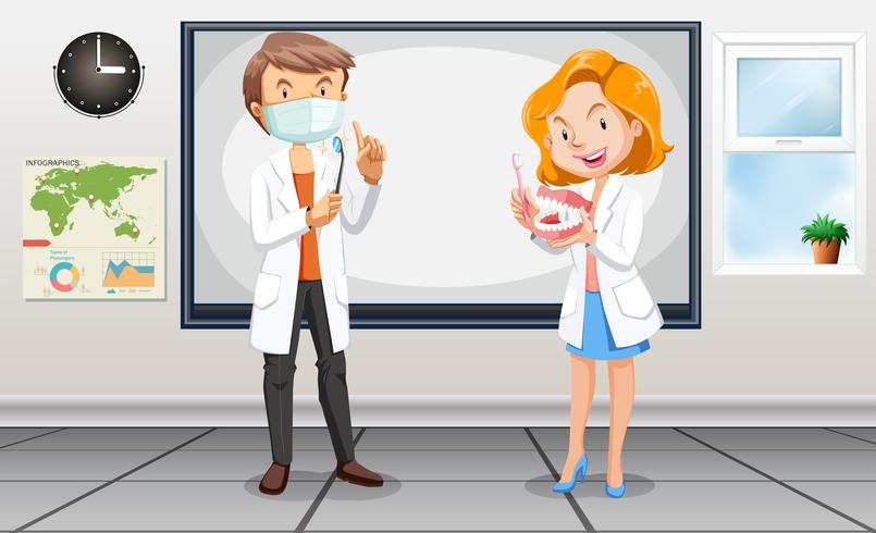 Male and female dentists with tools vector