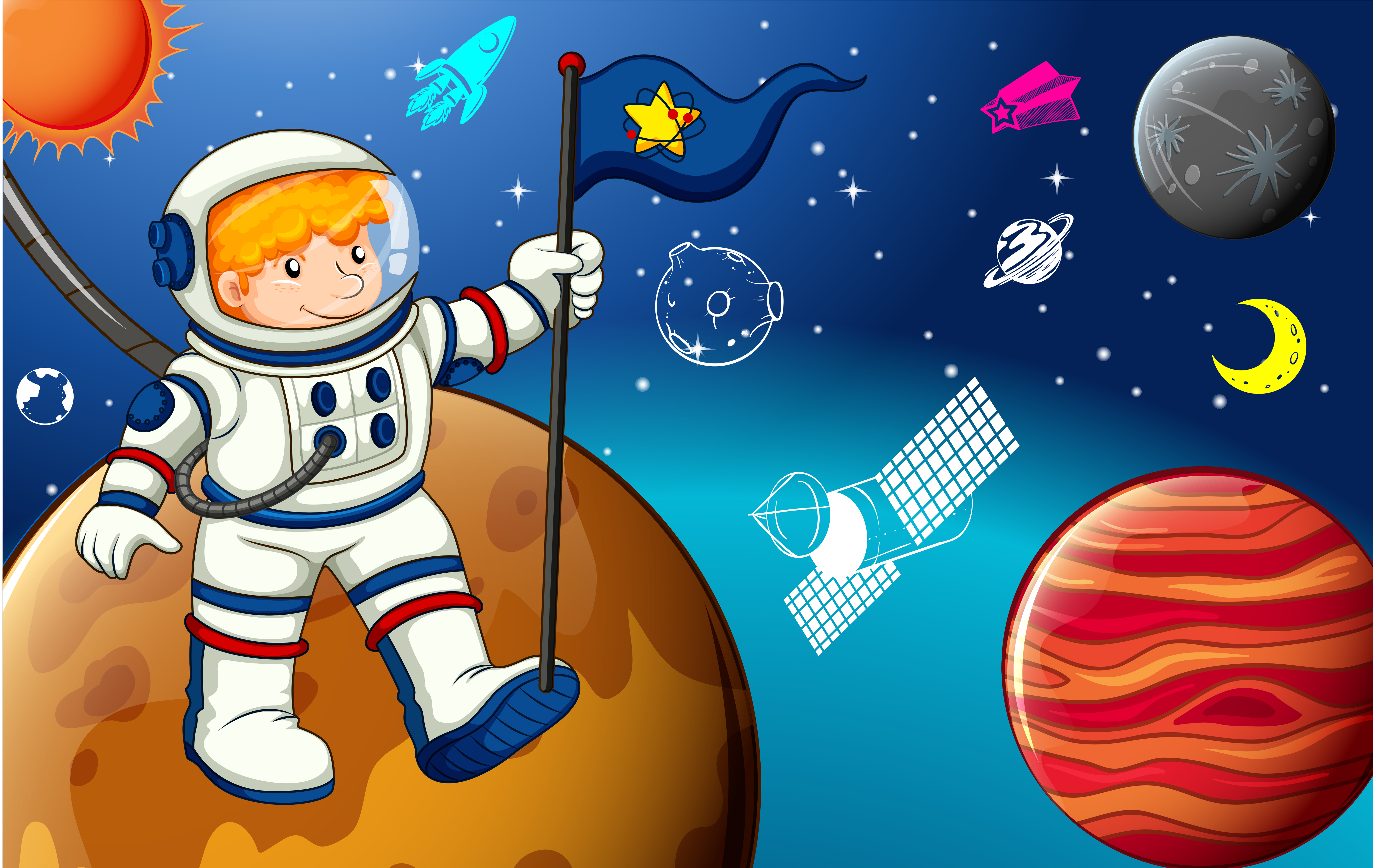 Нарисованный космонавт в космосе с новым годом