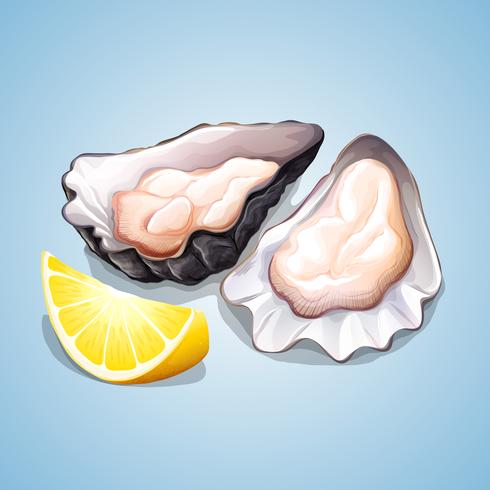 Oyster with a piece of lemon	 vector