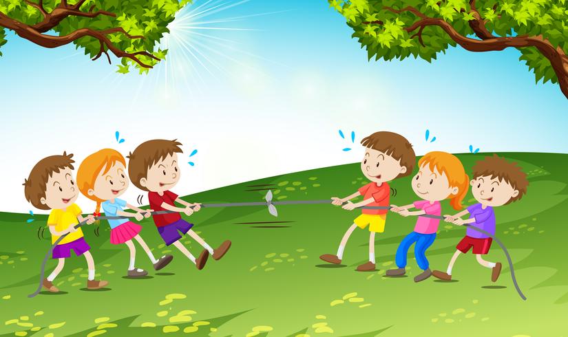 Boys and girls playing tug of war vector