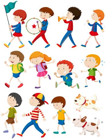 Boys and girls in many actions vector