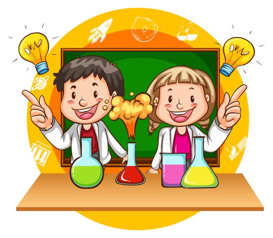 Niño y niña haciendo experimento científico vector