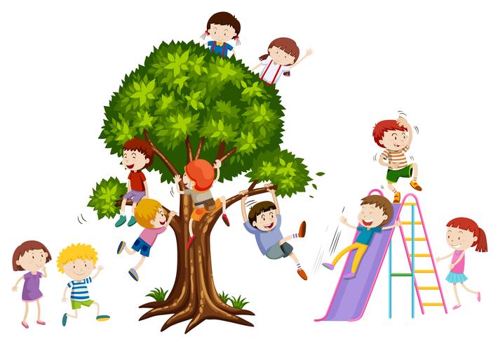 Niños jugando en arbol y tobogán. vector