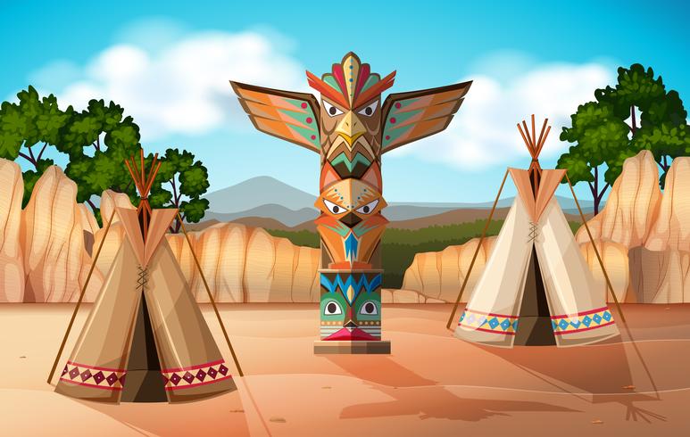 Scene with teepee and totem pole vector