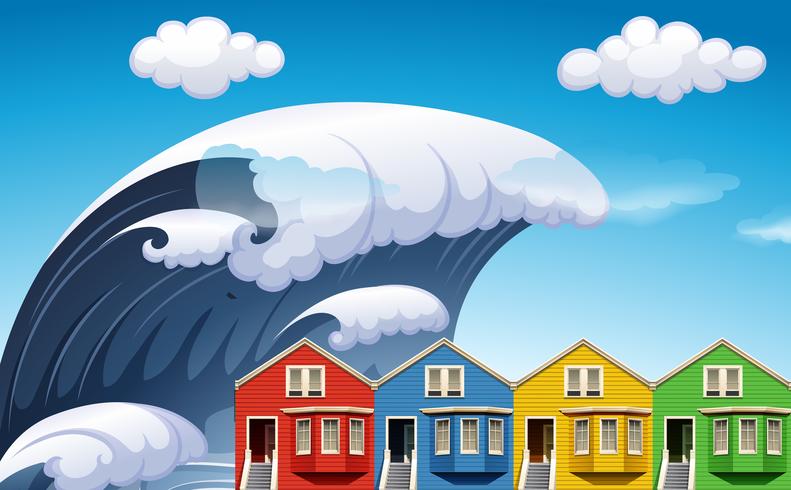 Tsunami con grandes olas sobre casas. vector