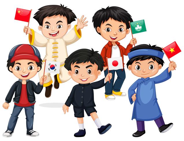 Happy boys holding flag from different countries vector