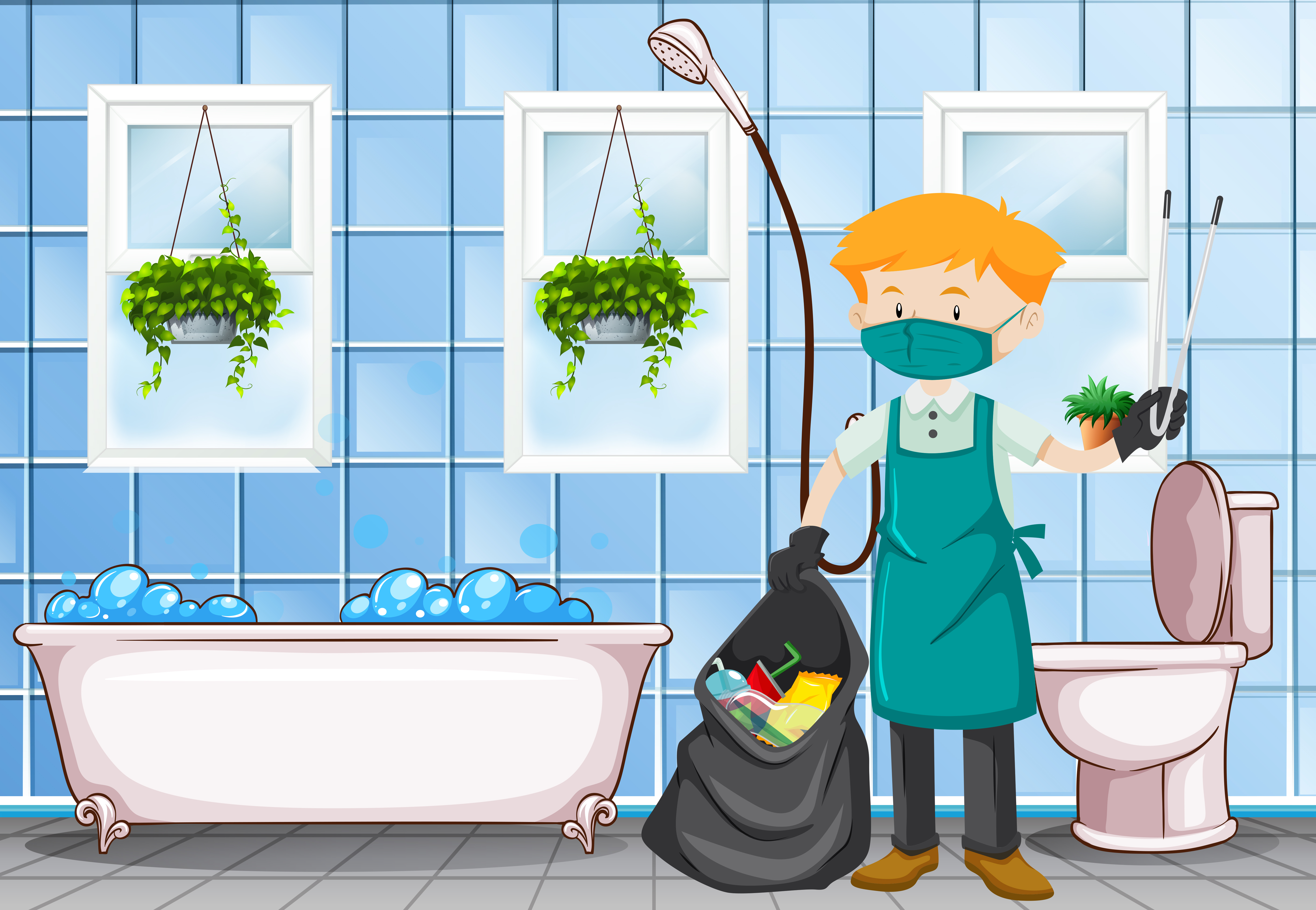 Male janitor cleaning the toilet 365744 Vector Art at Vecteezy