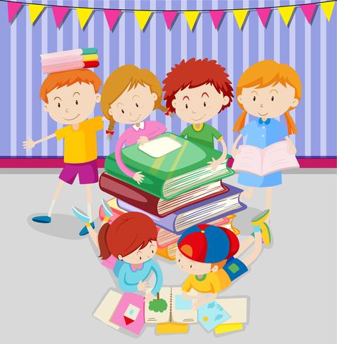 Boys and girls reading books in class vector