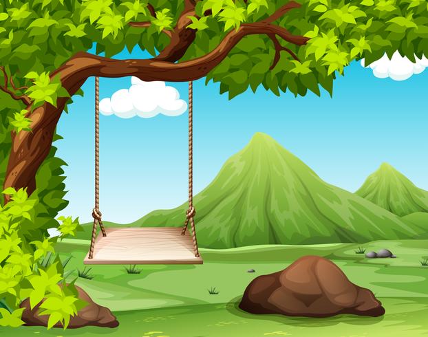 Escena de la naturaleza con columpio en el árbol. vector