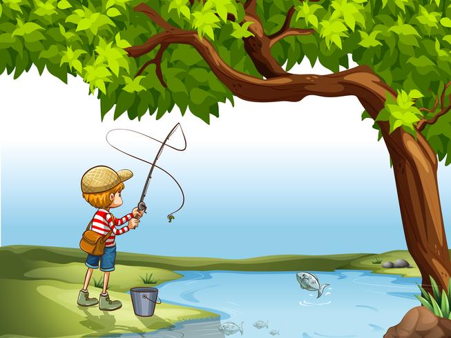 Boy fishing at the river vector