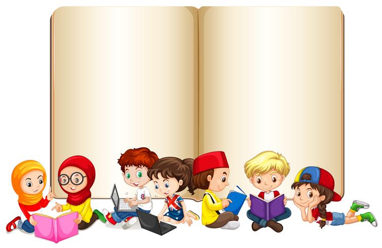 Blank book with children working and reading vector