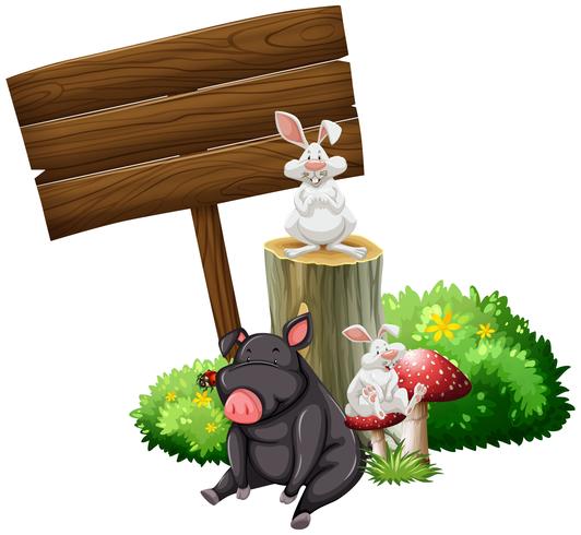 Pig and rabbits with wooden sign vector