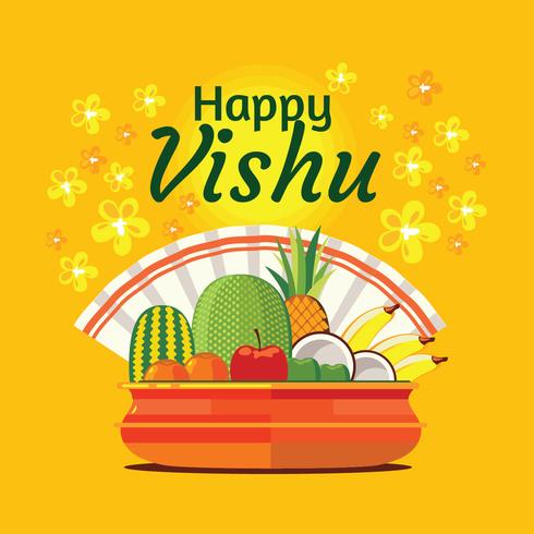 Frutas y verduras en una olla tradicional india para el Festival Vishu vector