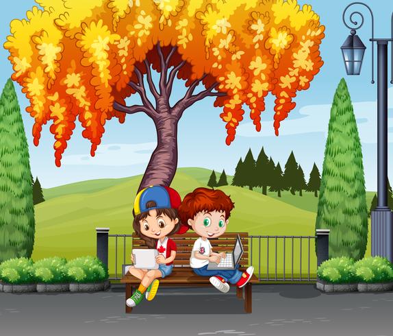 Niño y niña, sentado, debajo, el, árbol vector