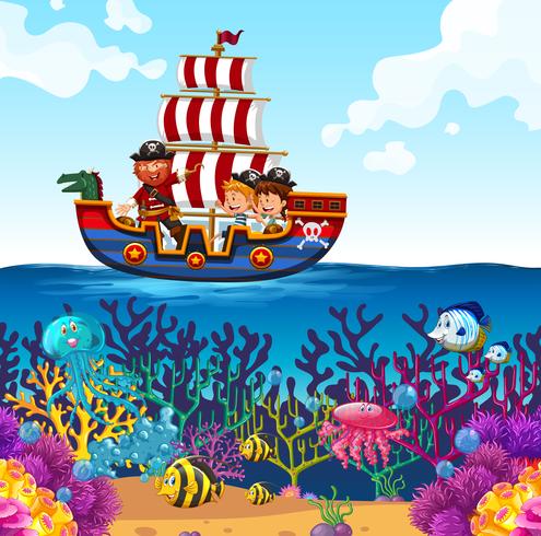 Children on viking boat and ocean scene vector