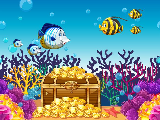 Scene with treassure and fish underwater vector