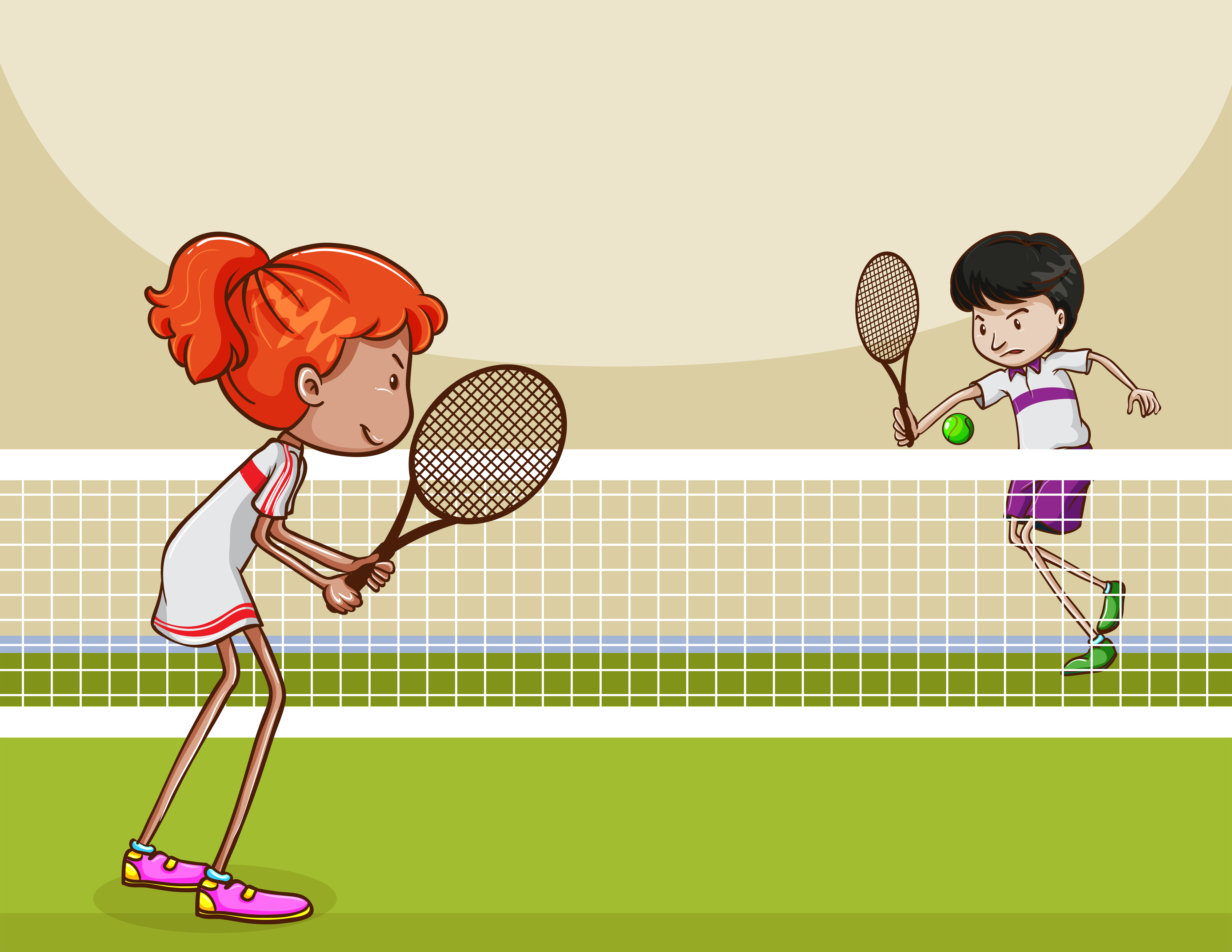 Cartoon Kids Playing Tennis