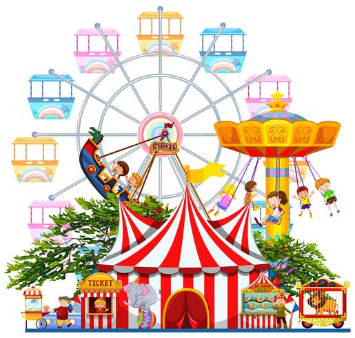 Amusement park scene with many rides vector