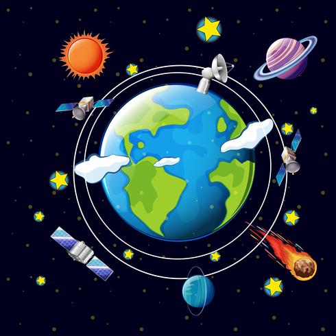 Space theme with satellites and planets around earth vector