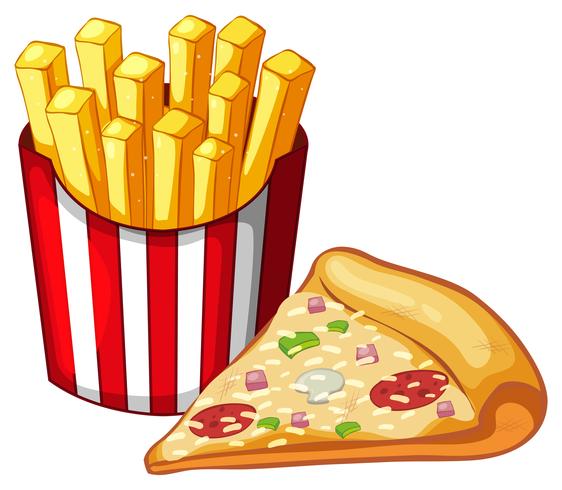 Rebanada de pizza y bolsa de frenchfries vector