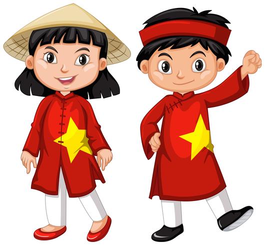 Niño y niña vietnamita en traje rojo vector