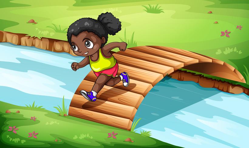 Una niña negra cruzando el puente de madera. vector